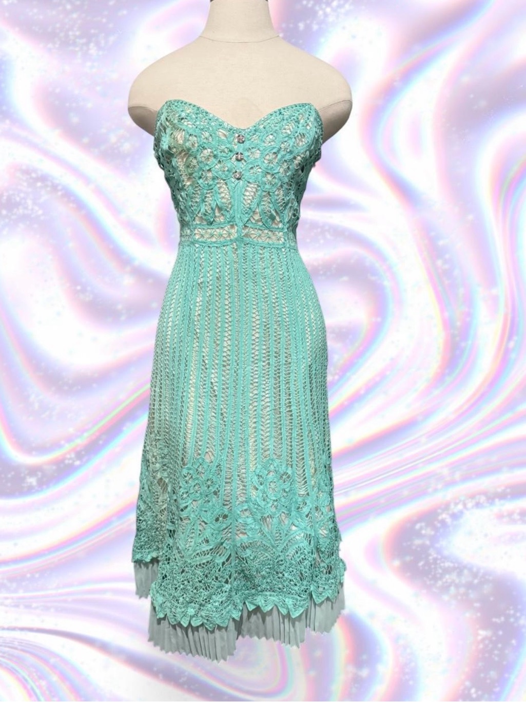 Betsey Johnson Aqua Strapless Crochet Lace Midi Dress
